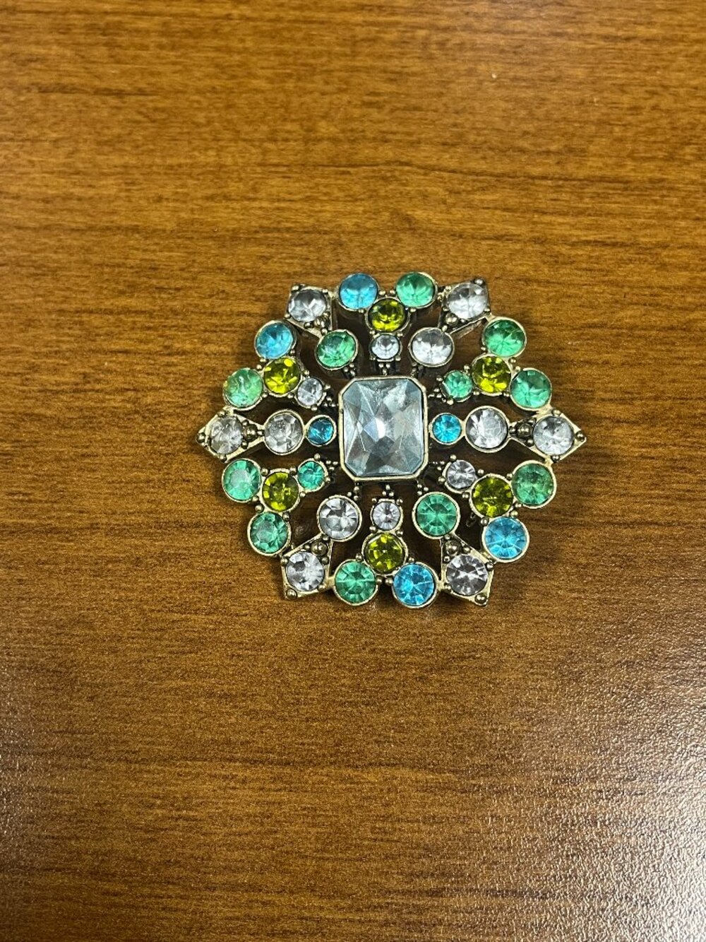 Liz Claiborne Vintage Rhinestone Brooch Blue Green Clear Crystal Silver Tone